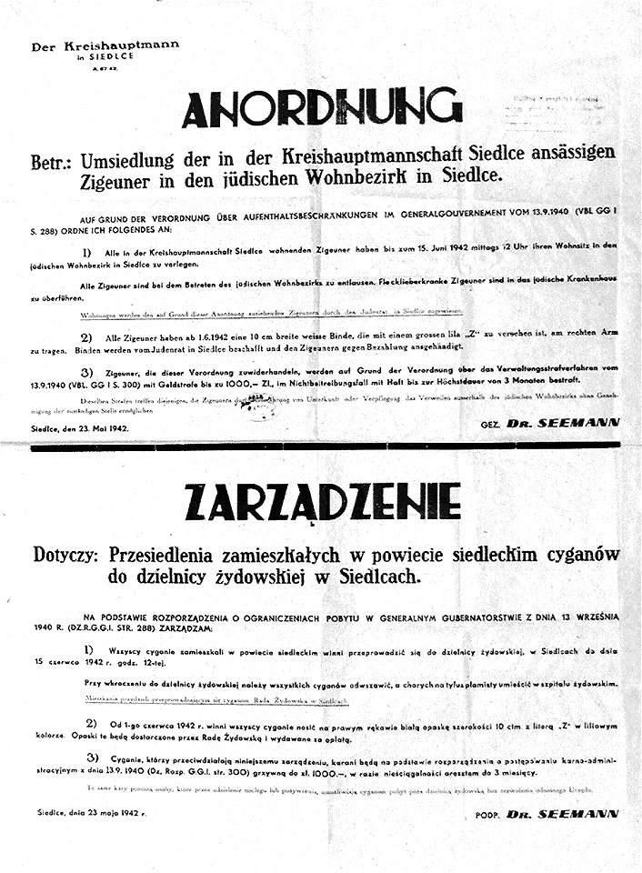 AGAD Zarządzenie starosty siedleckiego Franza Seemana o przesiedleniu ludności cygańskiej na tereny getta siedleckiego
