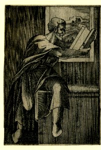Agostino Veneziano - A philosopher sitting on a bench by a window reading a book which he holds in both hands., 1841,0809.91. Free illustration for personal and commercial use.