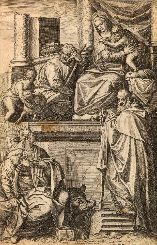 Agostino Carracci - A Sagrada Família com São João Batista, Santa Catarina e Santo Antão