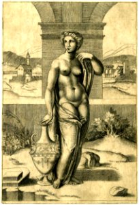 Agostino Veneziano - A standing female nude with her right hand on a decorated vase, H,3.82