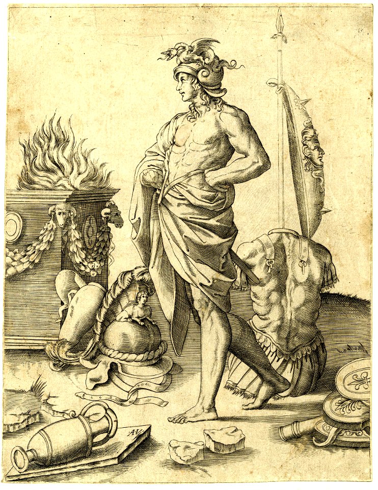 Agostino Veneziano - A young Roman warrior wearing an elaborate helmet and surrounded by pieces of armour, H,7.22