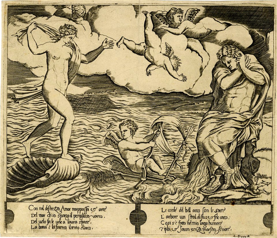 Agostino Veneziano - After - Eros riding a makeshift boat on the sea, the naked Venus occurs at the left, a covered man at the right, 1874,0808.330