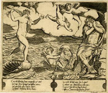 Agostino Veneziano - After - Eros riding a makeshift boat on the sea, the naked Venus occurs at the left, a covered man at the right, 1874,0808.330