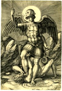 Agostino Veneziano - After - St Michael holding the fallen demon under his right foot, holding a lance in his right and the handle of a sword just visible in his left, 1840,0808.1