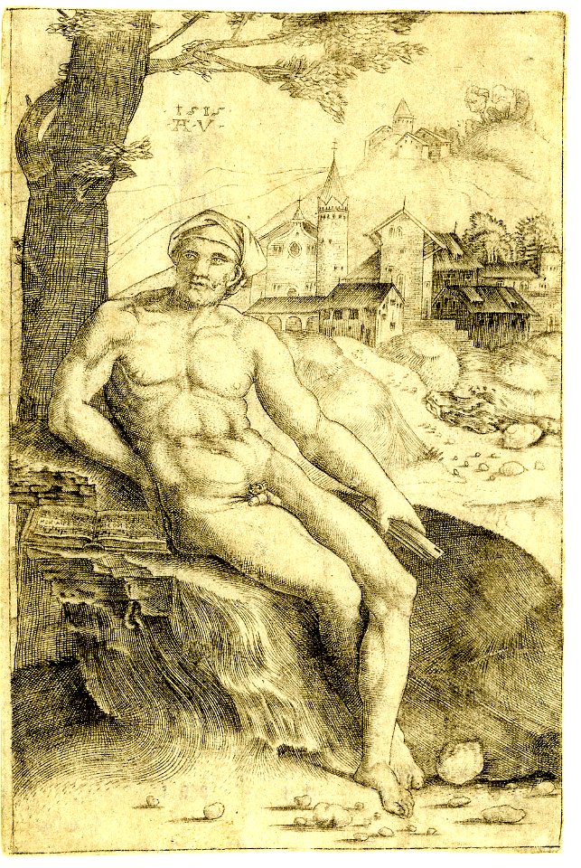 Agostino Veneziano - A male nude wearing a bonnet and holding a book, seated on a rock beneath a tree, 1854,0614.391