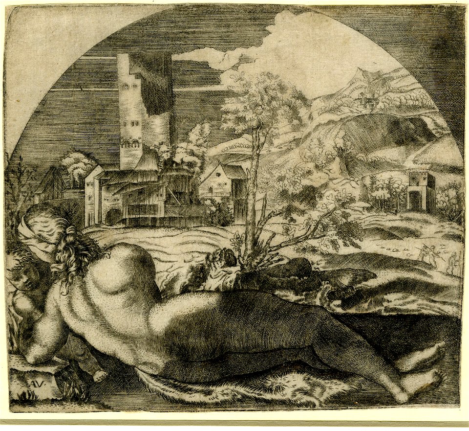 Agostino Veneziano - A female nude lying on an animal skin in front of a landscape, set in an arched frame, 1854,0614.390