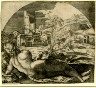 Agostino Veneziano - A female nude lying on an animal skin in front of a landscape, set in an arched frame, 1854,0614.390