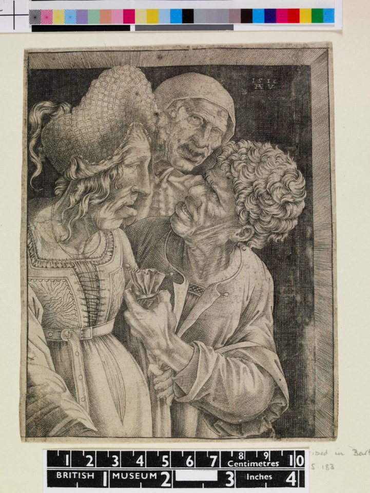 Agostino Veneziano - An ugly man offers a bag of money to a woman with a caricatured face, 1854,0614.393