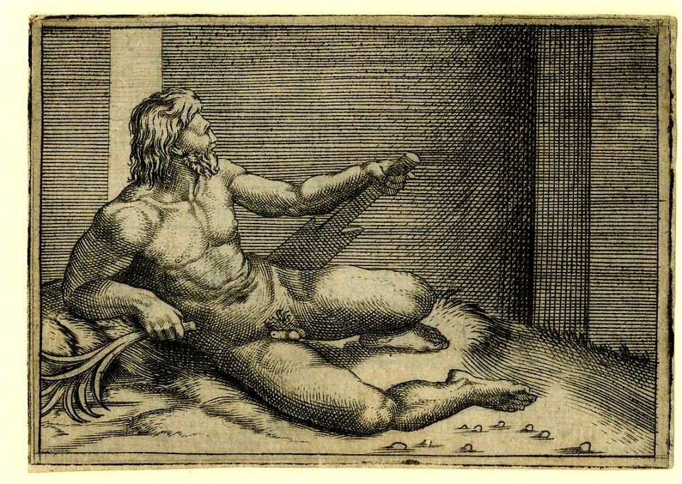 Agostino Veneziano - A nude river god laying on his right side, holding a rudder in his left hand and a reed in his right., 1863,0725.1745