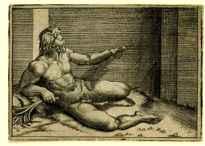 Agostino Veneziano - A nude river god laying on his right side, holding a rudder in his left hand and a reed in his right., 1863,0725.1745