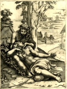 Agostino Veneziano - A man sitting on the ground, looking down at, and caressing, a woman whose head lays in his lap, 1868,0822.59