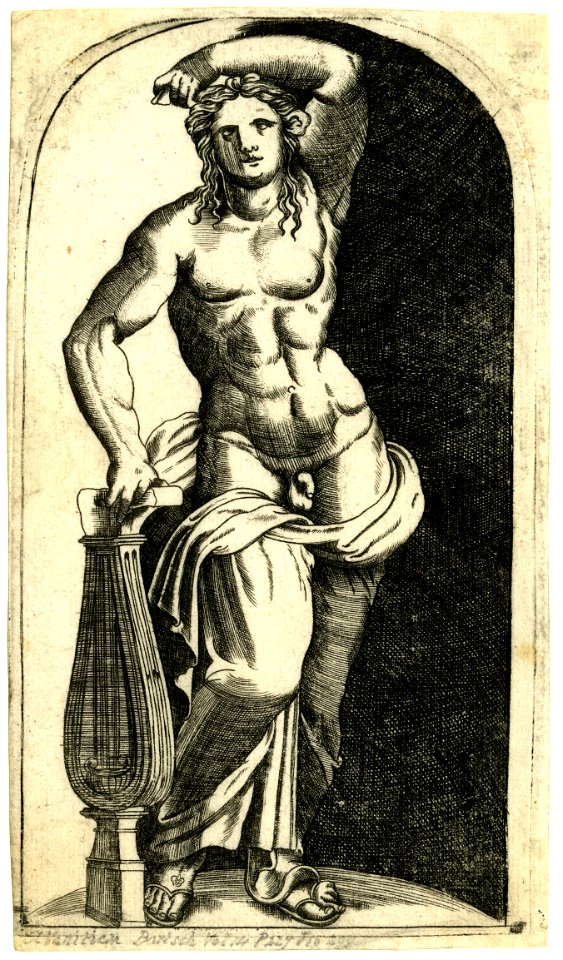 Agostino Veneziano - Apollo, standing in a niche, leaning on his lyre with his right hand and raising the other above his head., 1945,0512.4