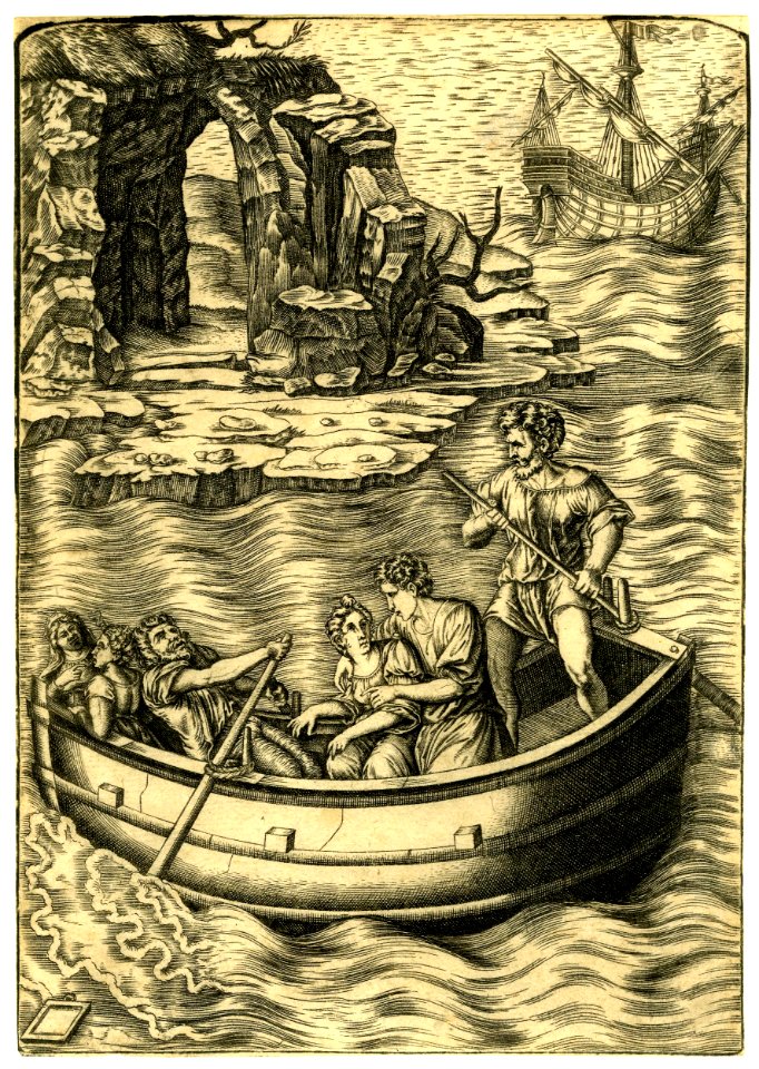 Agostino Veneziano - A rowing boat with two men carrying four women, H,3.79