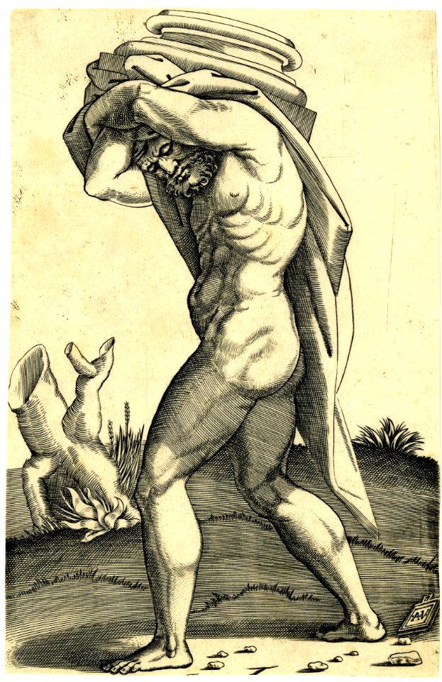Agostino Veneziano - A man carrying on his shoulders the base of a column, resting on a cloth, H,3.81