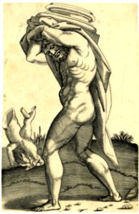 Agostino Veneziano - A man carrying on his shoulders the base of a column, resting on a cloth, H,3.81
