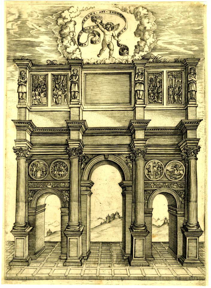Agostino Veneziano - Attributed to - The arch of Constantine in Rome,surmounted by a putto with a scroll, 1872,1012.3489