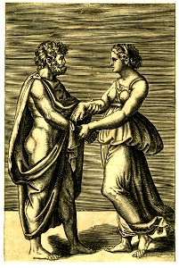 Agostino Veneziano - A standing man and woman holding each other by the hands, H,3.78