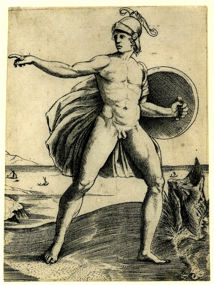 Agostino Veneziano - A nude warrior, with one arm outstretched while the other holds a shield, H,3.70
