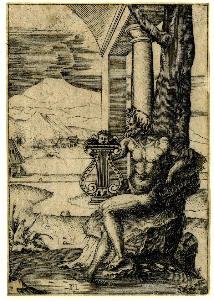 Agostino Veneziano - A seated man holding a lyre beneath a tree with a column behind, H,3.64