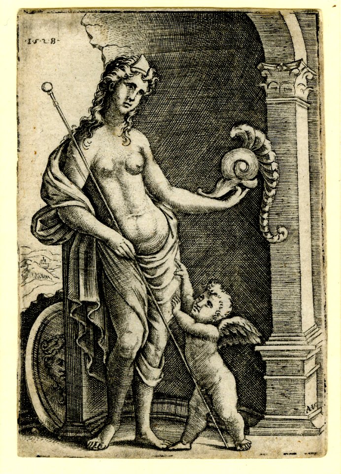 Agostino Veneziano - A half-nude woman standing, holding a helmet in her outstretched left hand and a baton in her right with a shield and a cupid at her feet., 1840,0808.15