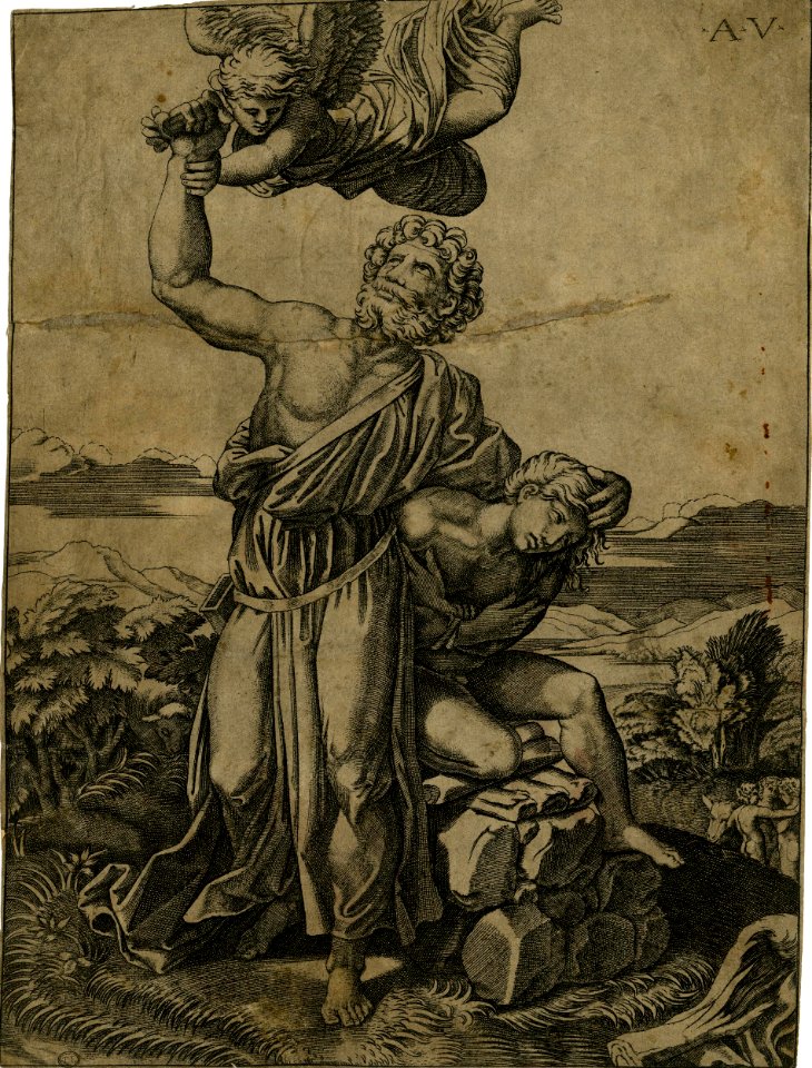 Agostino Veneziano - Abraham standing with his right hand raised and his left on the head of Isaac who sits on a stone at right, his hands crossed on his chest, Ii,16.4