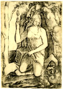 Agostino Veneziano - A woman kneeling at the entrance to a grotto, holding a convex mirror in her raised right hand, 1873,0809.735