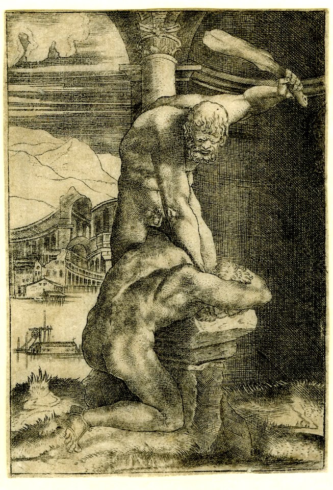 Agostino Veneziano - A naked man striking with a club another man who kneels holding his head against a stone, 1873,0809.750