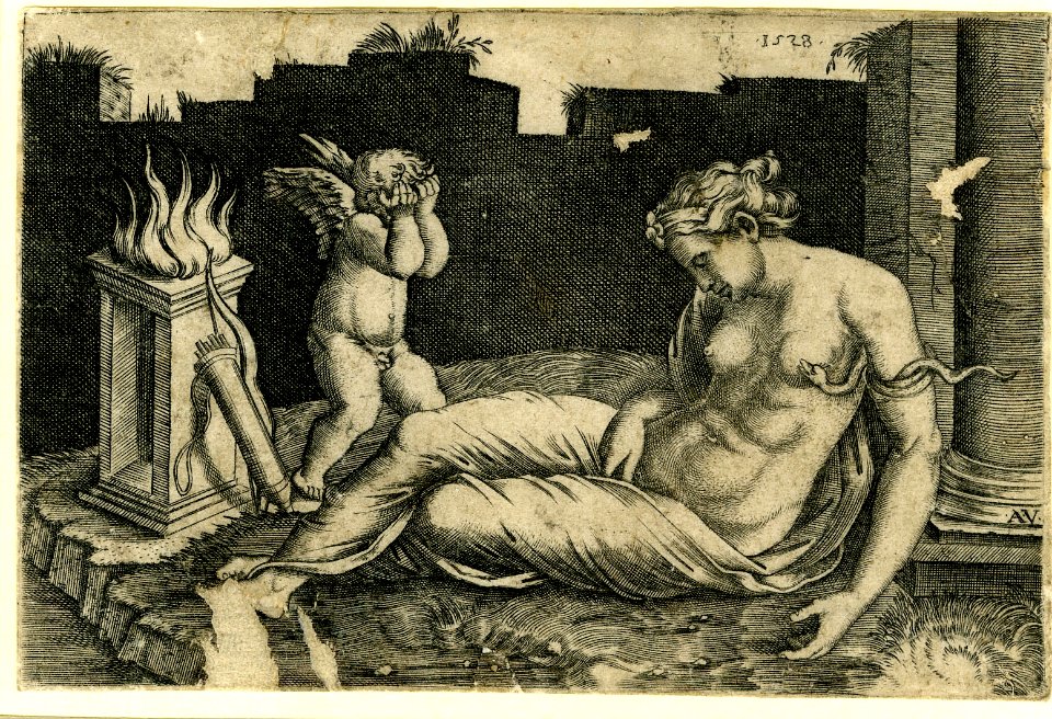 Agostino Veneziano - Cupid crying at left with his head in his hands for the death of Cleopatra, at right,, 1847,1009.6