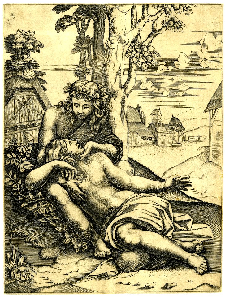 Agostino Veneziano - A man sitting on the ground, looking down at, and caressing, a woman whose head lays in his lap, 1864,0514.246