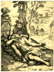 Agostino Veneziano - A man sitting on the ground, looking down at, and caressing, a woman whose head lays in his lap, 1864,0514.246