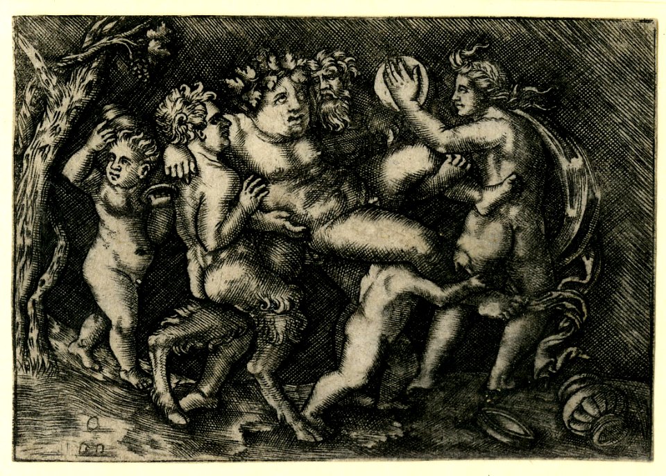 Agostino Veneziano - After - Bacchus at centre carried by two satrys and a putto, 1873,0809.741