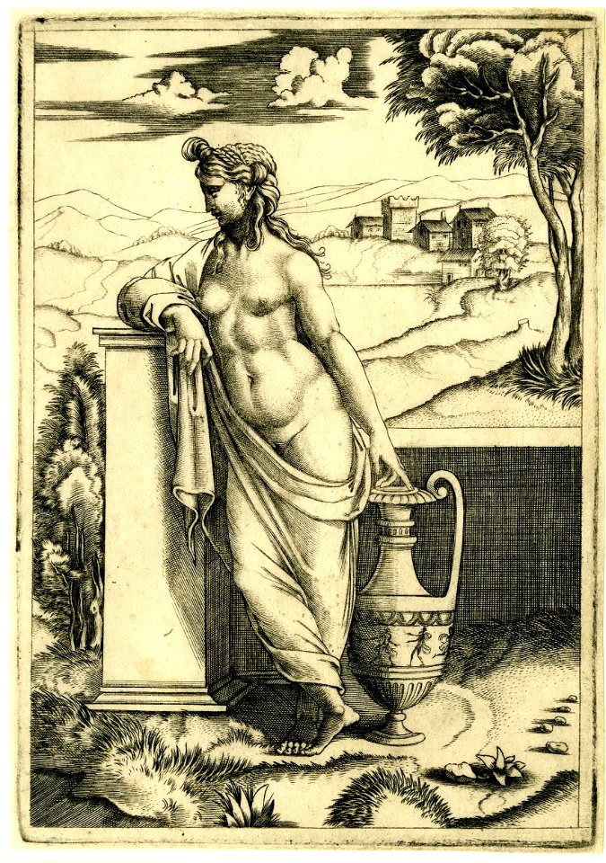 Agostino Veneziano - A standing female nude, touching a tall vase with her left hand, in front of a low wall with a landscape behind, 1868,0822.58