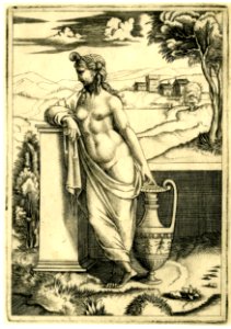 Agostino Veneziano - A standing female nude, touching a tall vase with her left hand, in front of a low wall with a landscape behind, 1868,0822.58