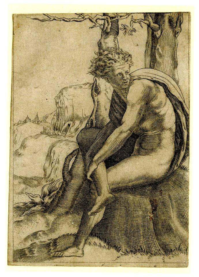 Agostino Veneziano - A male nude seated on a rock beneath a tree, holding his shin with his hand, 1866,0714.62