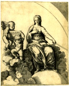 Agostino Veneziano - A personification of Philosophy sitting on clouds with her feet resting on a globe, H,3.21