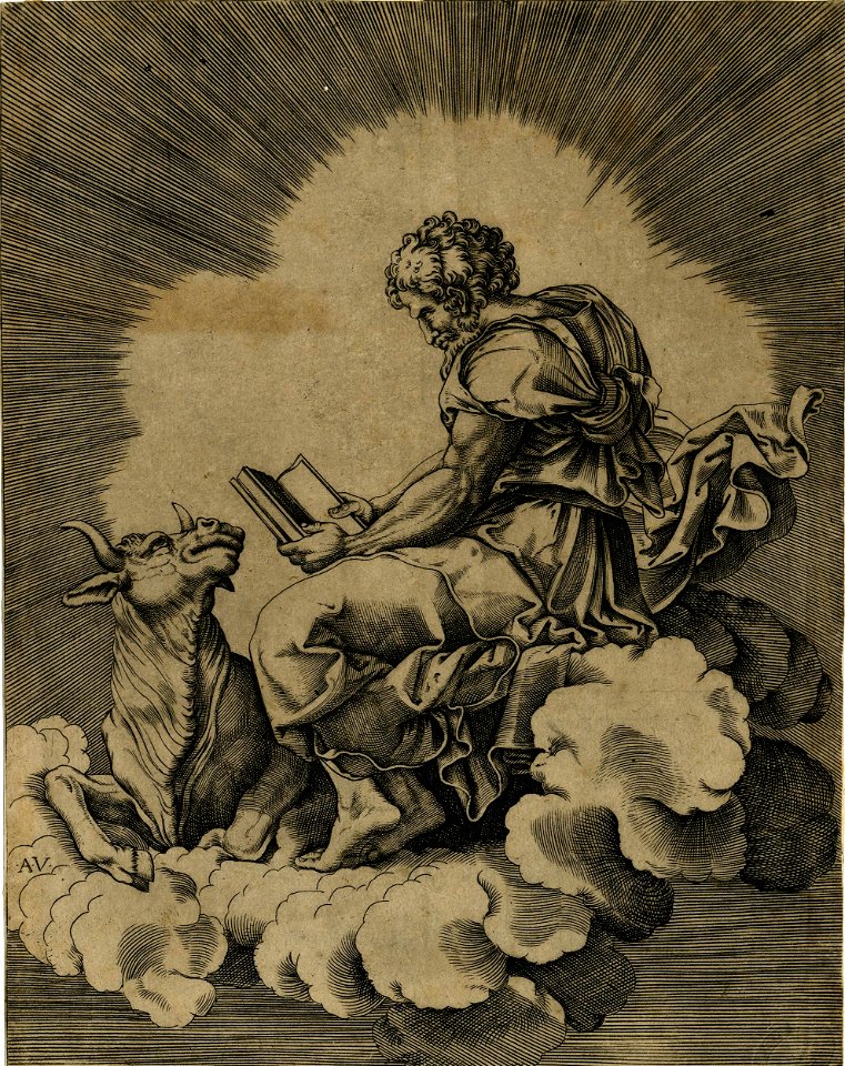 Agostino Veneziano - After - St Luke seated on a cloud holding a book and accompanied by a bull, H,7.9