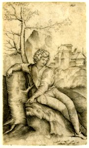 Agostino Veneziano - A young shepherd holding two flutes seated on a grassy bank, 1870,1008.1996