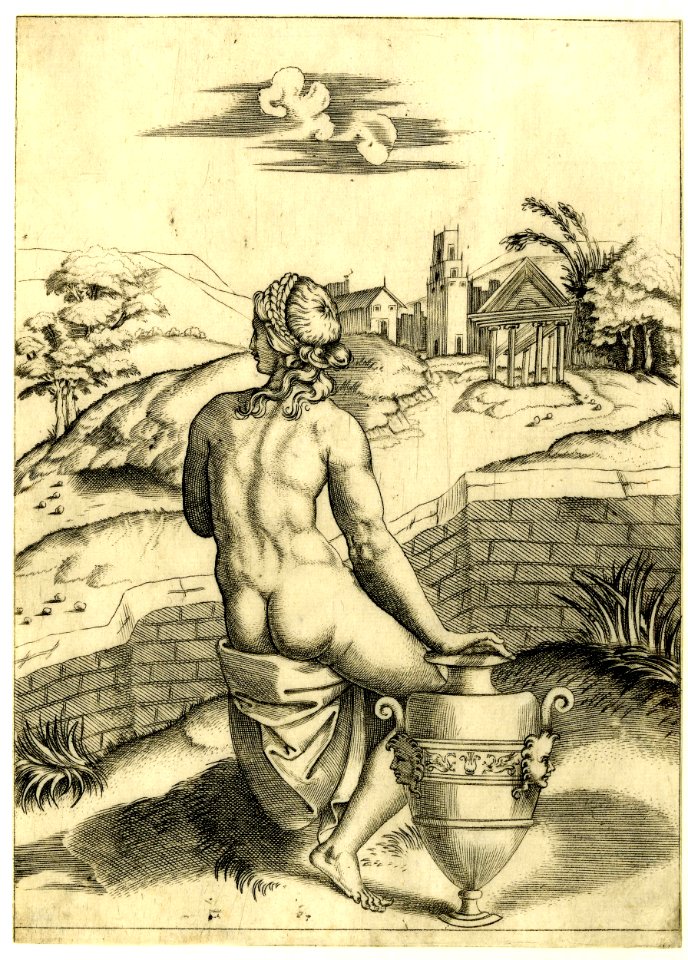 Agostino Veneziano - A seated female nude, touching a vase with her right hand, within a walled enclosure with a landscape behind, H,7.61