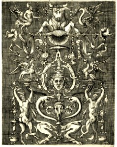 Agostino Veneziano - After - Panel of ornament with a horned bull with splayed feet at the top, 1873,0712.261