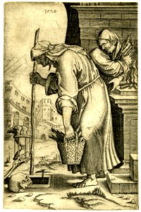 Agostino Veneziano - An old woman holding a stick walking towards an open grave with a skeleton holding out an hour-glass. 1528, H,7.39