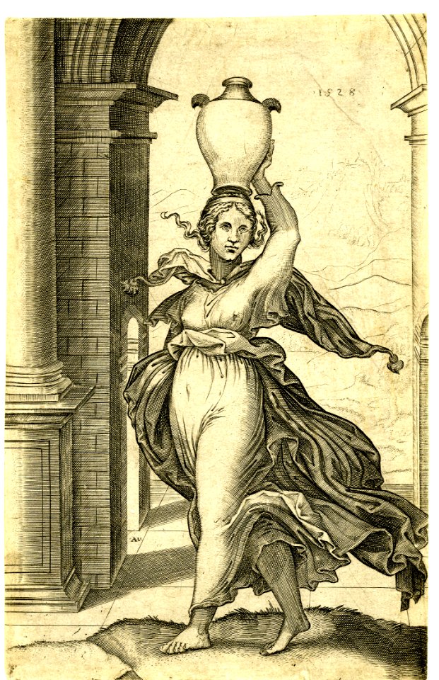 Agostino Veneziano - A woman carrying a vase on her head, standing within a classical arch. 1528, 1865,0812.89