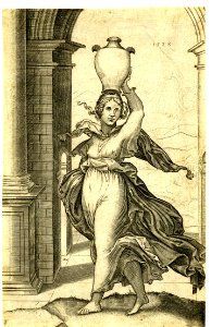 Agostino Veneziano - A woman carrying a vase on her head, standing within a classical arch. 1528, 1865,0812.89