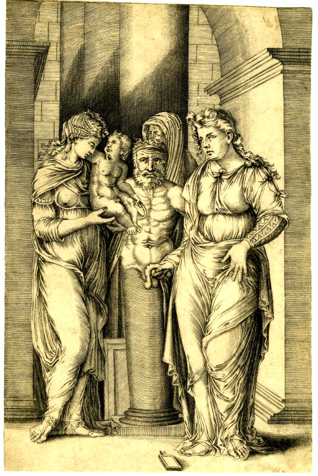Agostino Veneziano - A Roman woman at left presenting her child to a Priapic term at centre with a cloaked priest behind, H,2.86