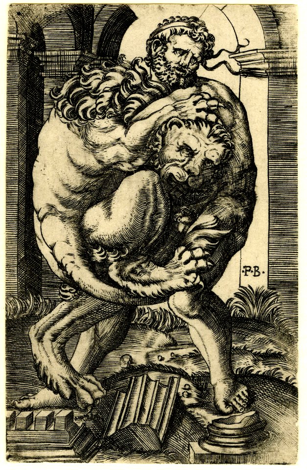 Agostino Veneziano - After - Hercules wrestling with the Nemean lion against a classical arch and fallen columns, 1871,1209.4636