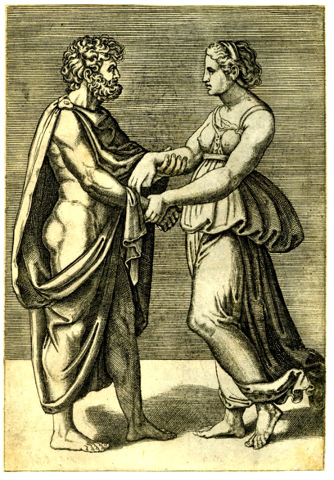 Agostino Veneziano - A standing man and woman holding each other by the hands, H,3.77