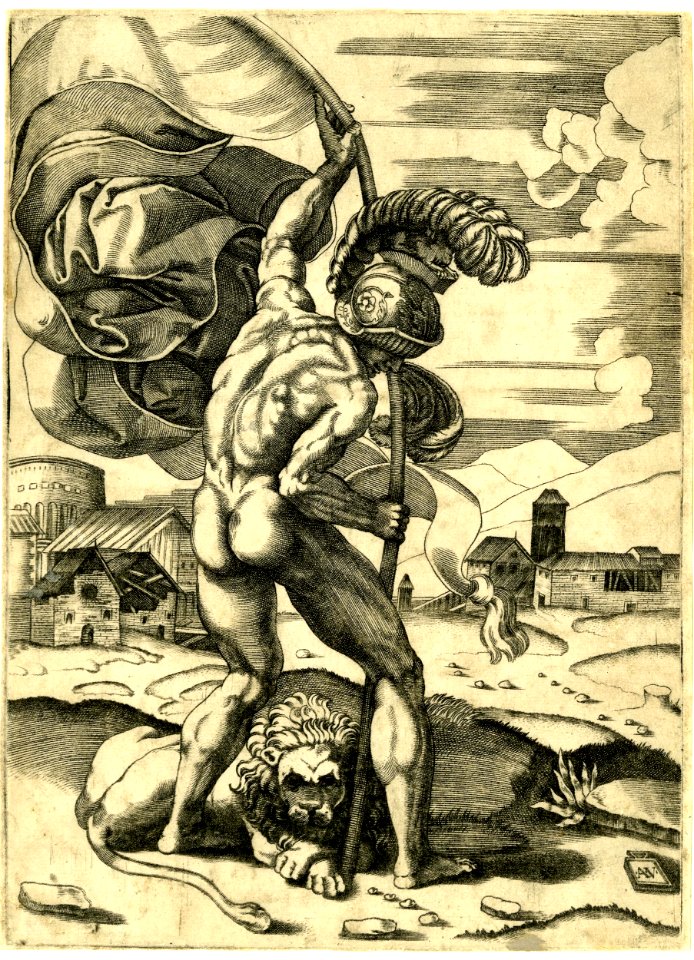 Agostino Veneziano - A male nude wearing a helmet planting a standard on the ground, with a lion lying at his feet, 1853,0611.249