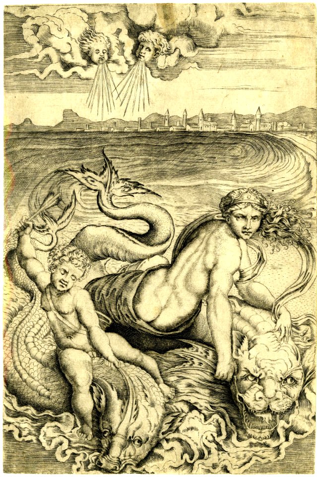 Agostino Veneziano - Attributed to - Venus and Cupid riding on the backs of two dolphins, H,2.78
