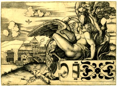 Agostino Veneziano - Attributed to - Leda, sitting on a carved bench, leaning against a tree and embracing Jupiter in the form of a swan, 1922,0610.11