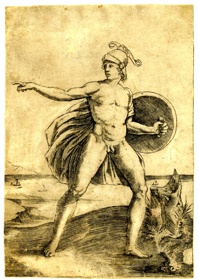Agostino Veneziano - A nude warrior, with one arm outstretched while the other holds a shield, 1854,0614.392