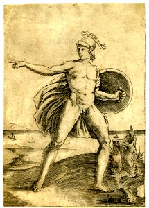 Agostino Veneziano - A nude warrior, with one arm outstretched while the other holds a shield, 1854,0614.392